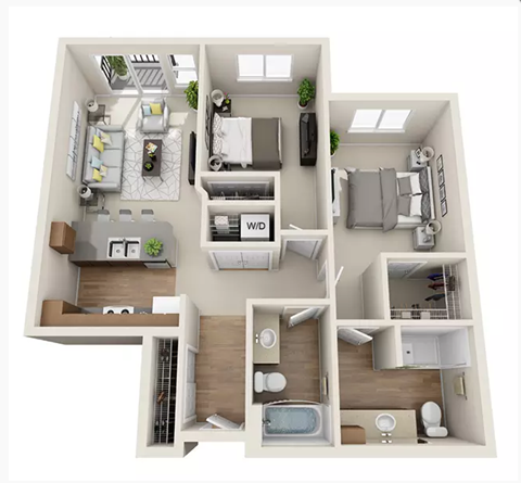 Floor plan for 2 beds, 2 baths, 1021 sqft